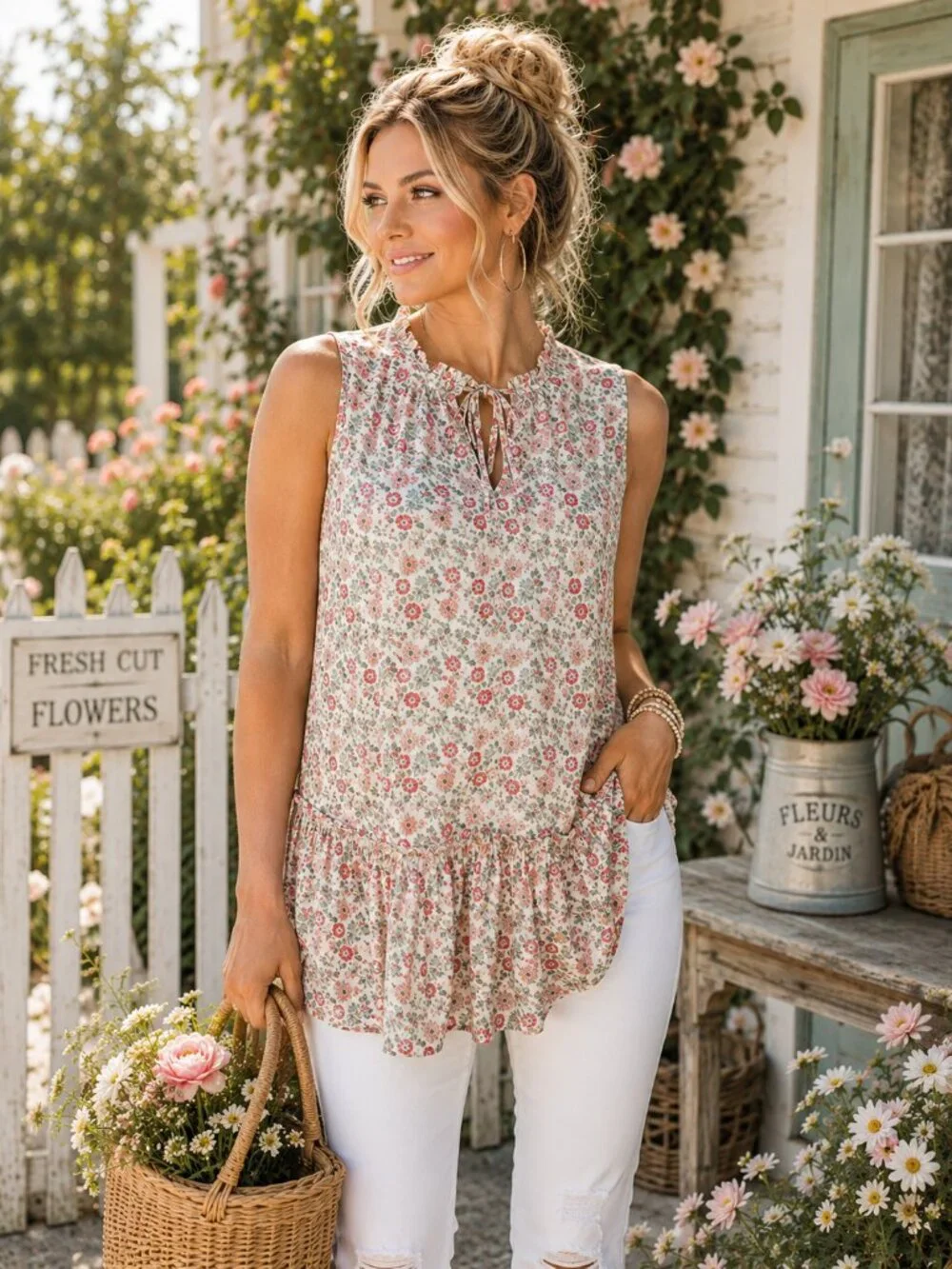 Cynthia Rowley Floral Cottagecore Blouse Large | Romantic Ruffle Hem Top